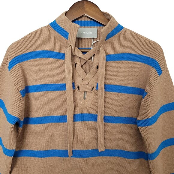 Everlane Lace Up Smock Knit Sweater Size XS Chestnut Brown Blue Striped Wool - Picture 3 of 7